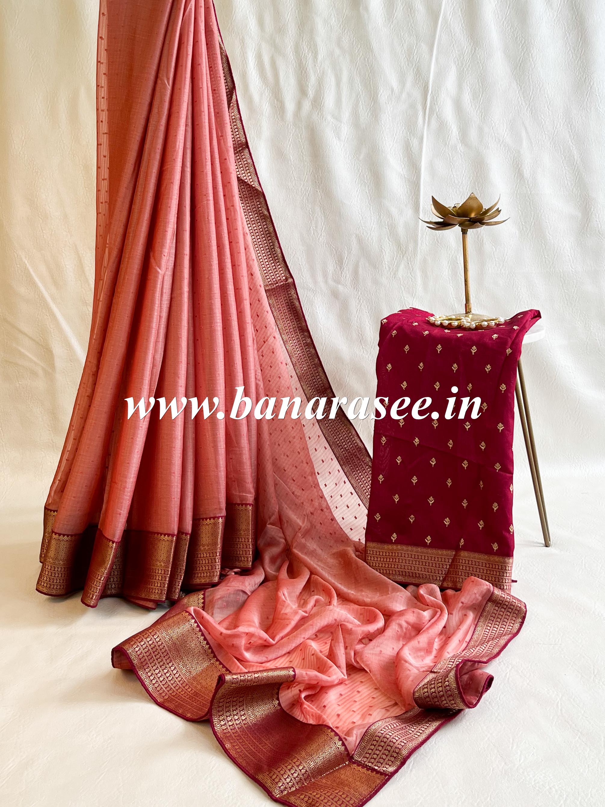 Banarasee Chiffon Blend Saree With Buti Work Zari Border & Brocade Blouse-Rose Pink & Red