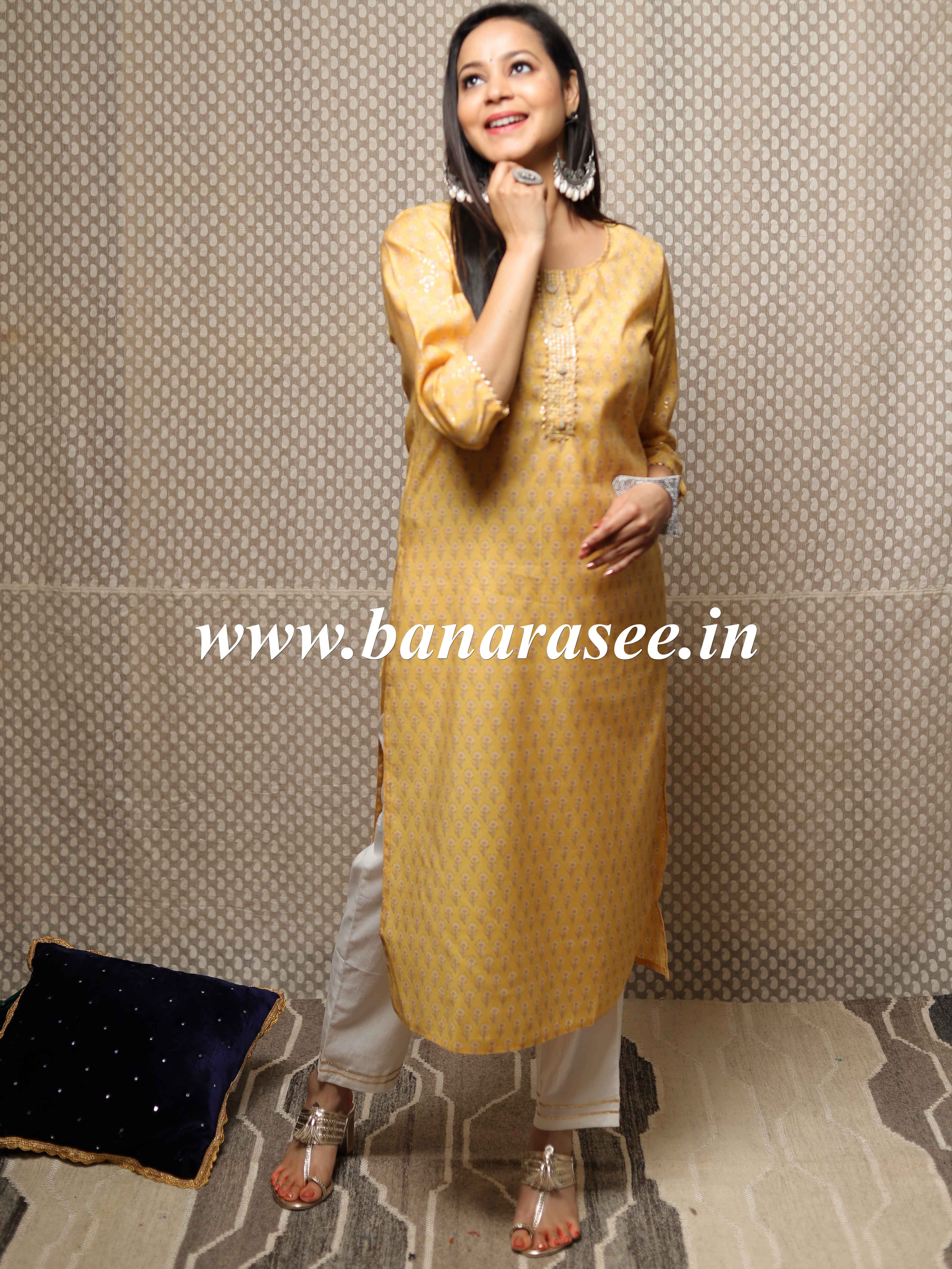 Banarasee Cotton Flex Printed Kurta-Yellow
