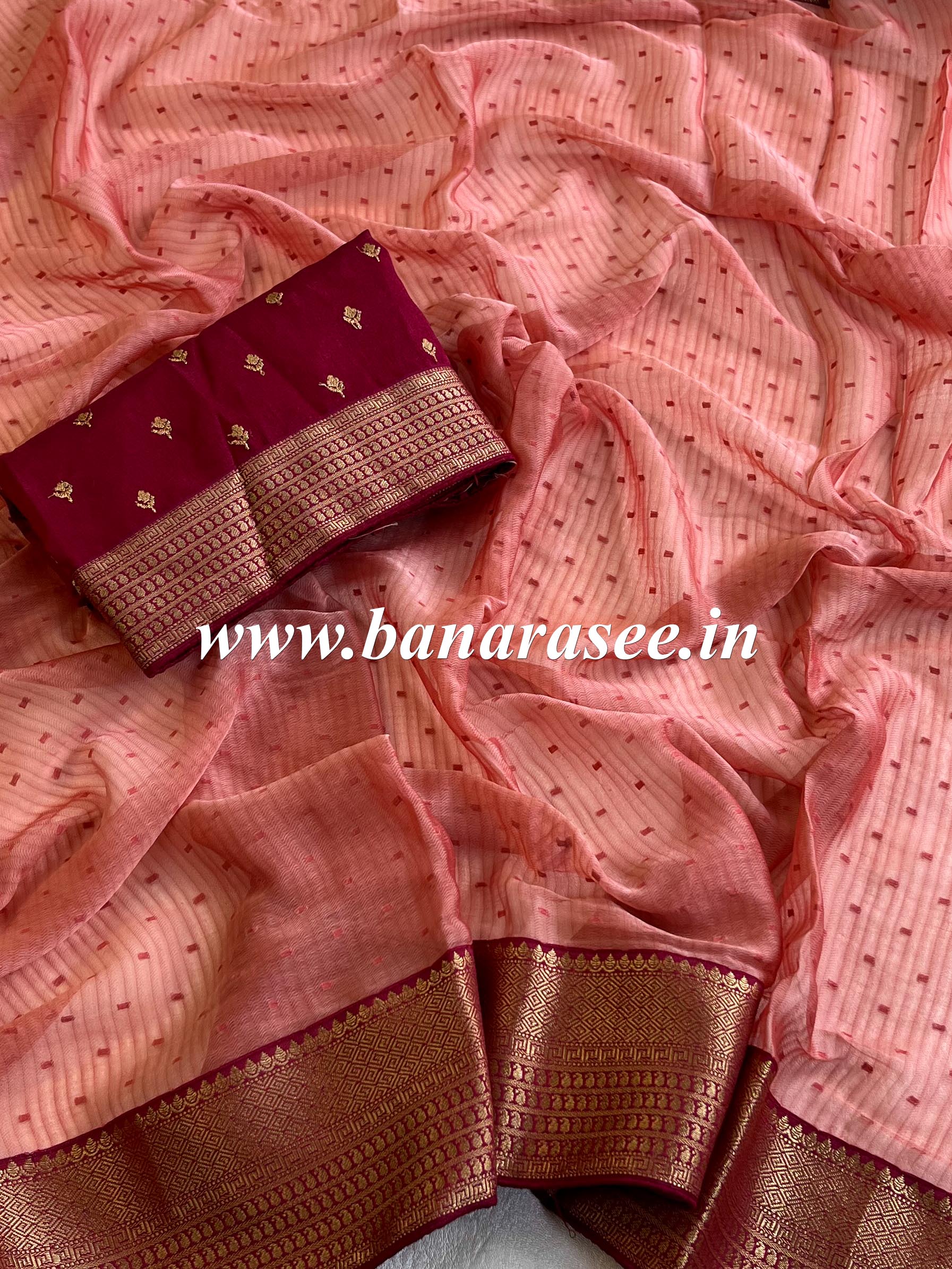 Banarasee Chiffon Blend Saree With Buti Work Zari Border & Brocade Blouse-Rose Pink & Red