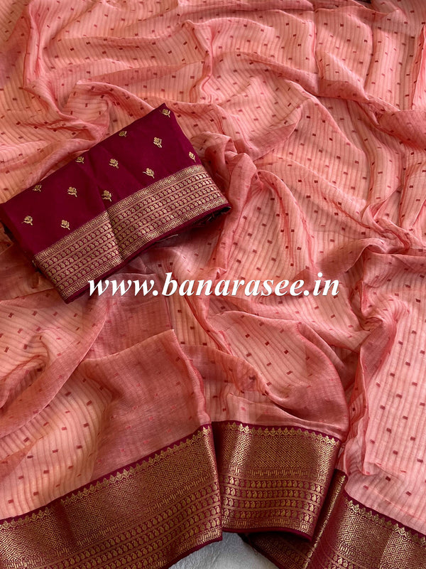 Banarasee Chiffon Blend Saree With Buti Work Zari Border & Brocade Blouse-Rose Pink & Red
