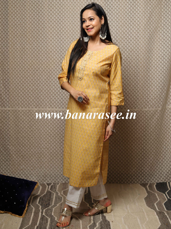 Banarasee Cotton Flex Printed Kurta-Yellow