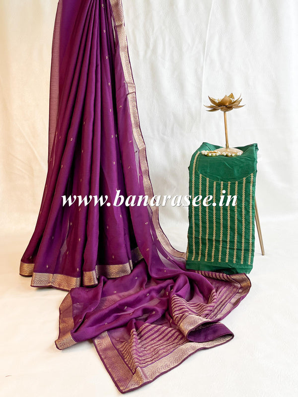 Banarasee Chiffon Blend Saree With Buti Work Zari Border & Brocade Blouse-Violet & Green