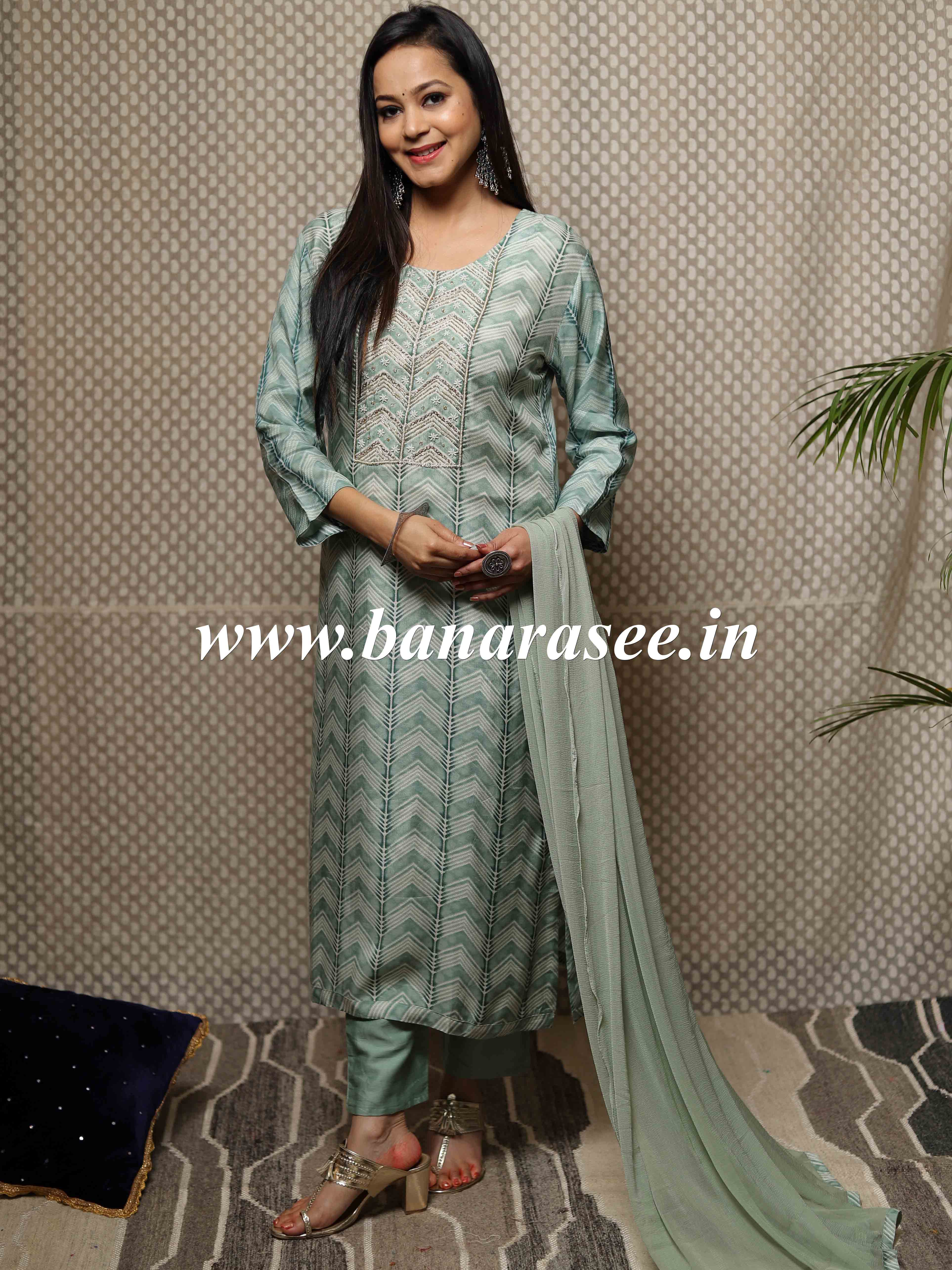 Banarasee Muslin Silk Kurta Pants With Chiffon Dupatta Suit Set-Pistachio Green