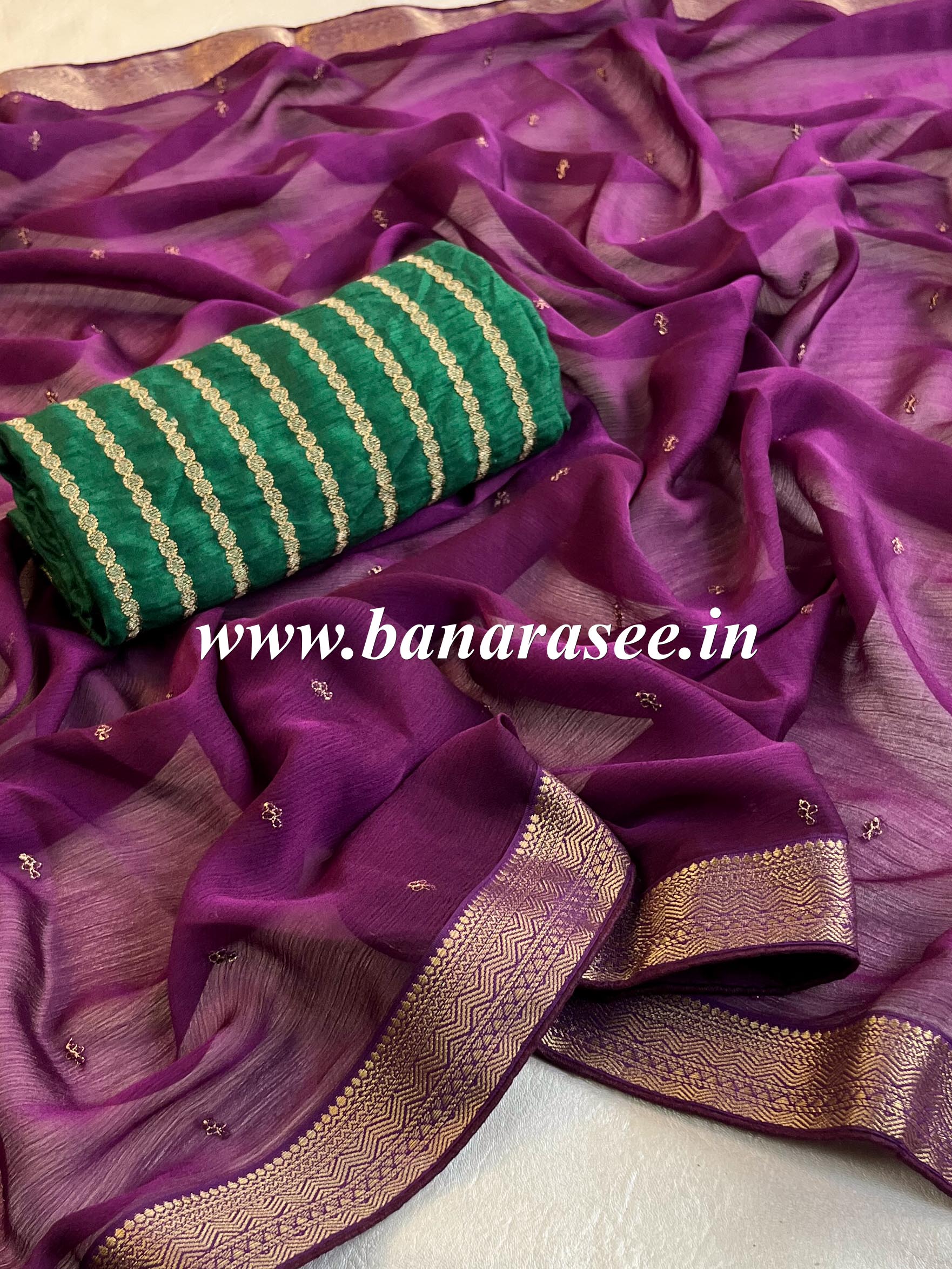Banarasee Chiffon Blend Saree With Buti Work Zari Border & Brocade Blouse-Violet & Green