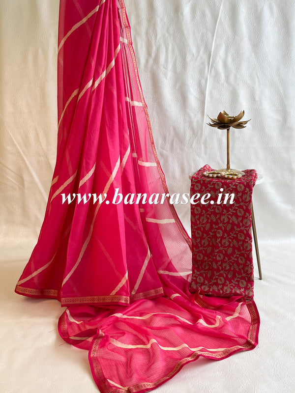 Banarasee Chiffon Blend Saree With Leheriya Work Zari Border & Brocade Blouse-Pink