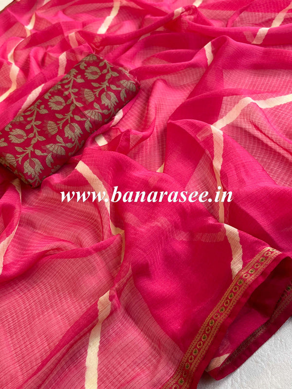 Banarasee Chiffon Blend Saree With Leheriya Work Zari Border & Brocade Blouse-Pink