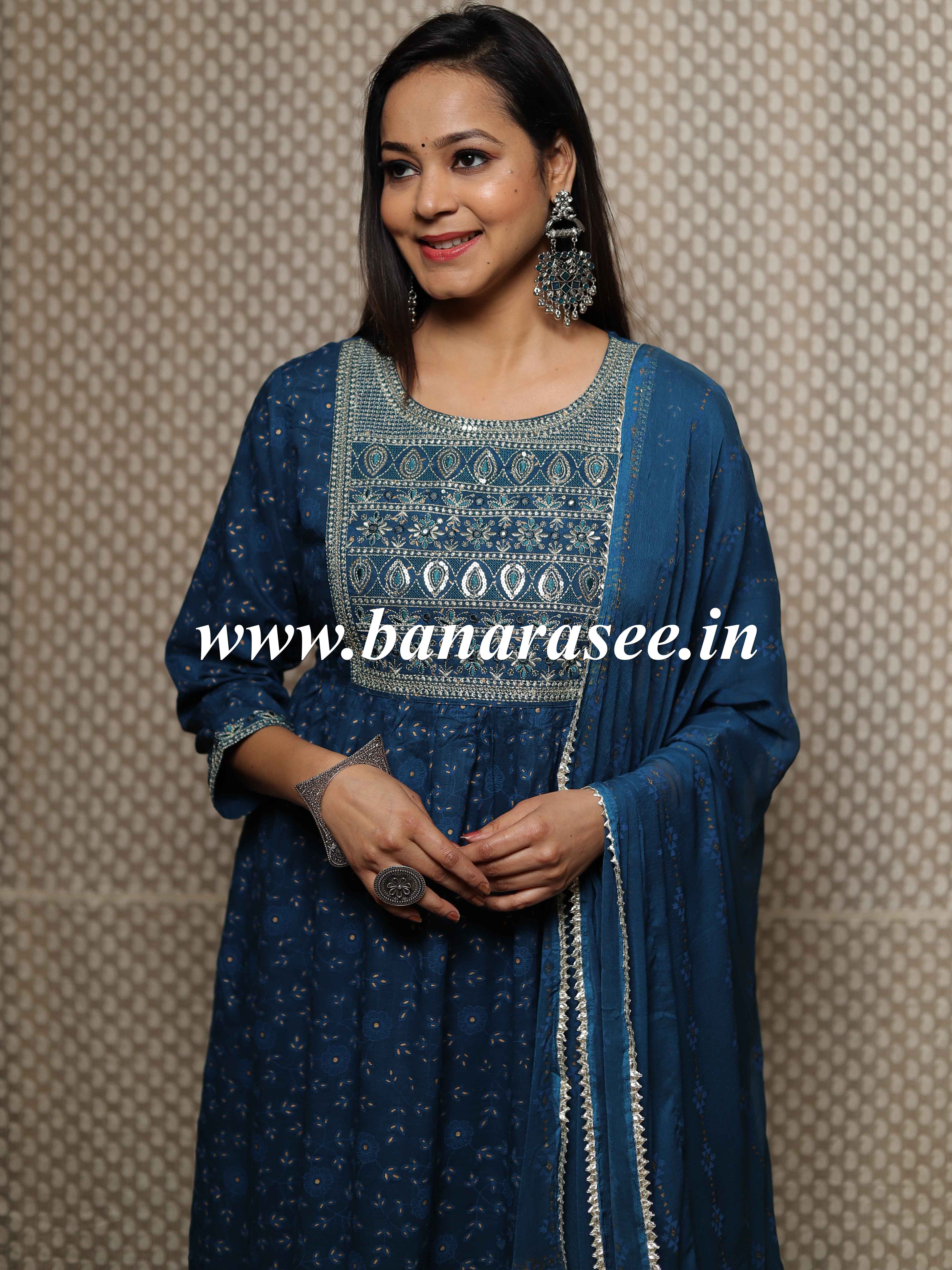 Banarasee Rayon Kurta Pants With Chiffon Dupatta Suit Set-Dark Teal Blue