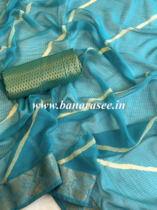 Banarasee Chiffon Blend Saree With Leheriya Work Zari Border & Brocade Blouse-Turquoise Blue