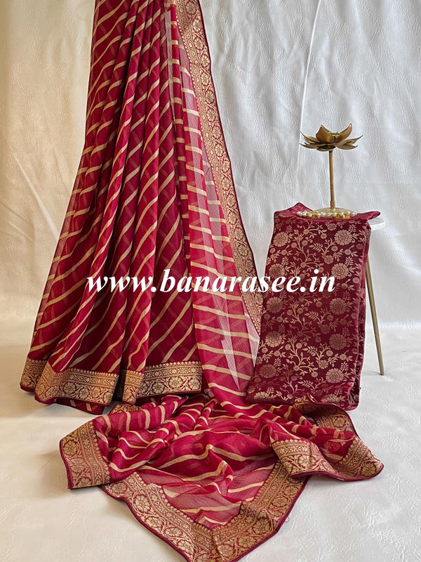 Banarasee Chiffon Blend Saree With Leheriya Work Zari Border & Brocade Blouse-Maroon