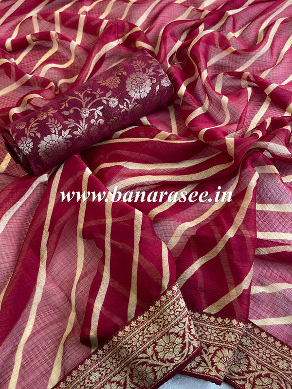 Banarasee Chiffon Blend Saree With Leheriya Work Zari Border & Brocade Blouse-Maroon