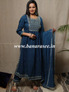 Banarasee Rayon Kurta Pants With Chiffon Dupatta Suit Set-Dark Teal Blue