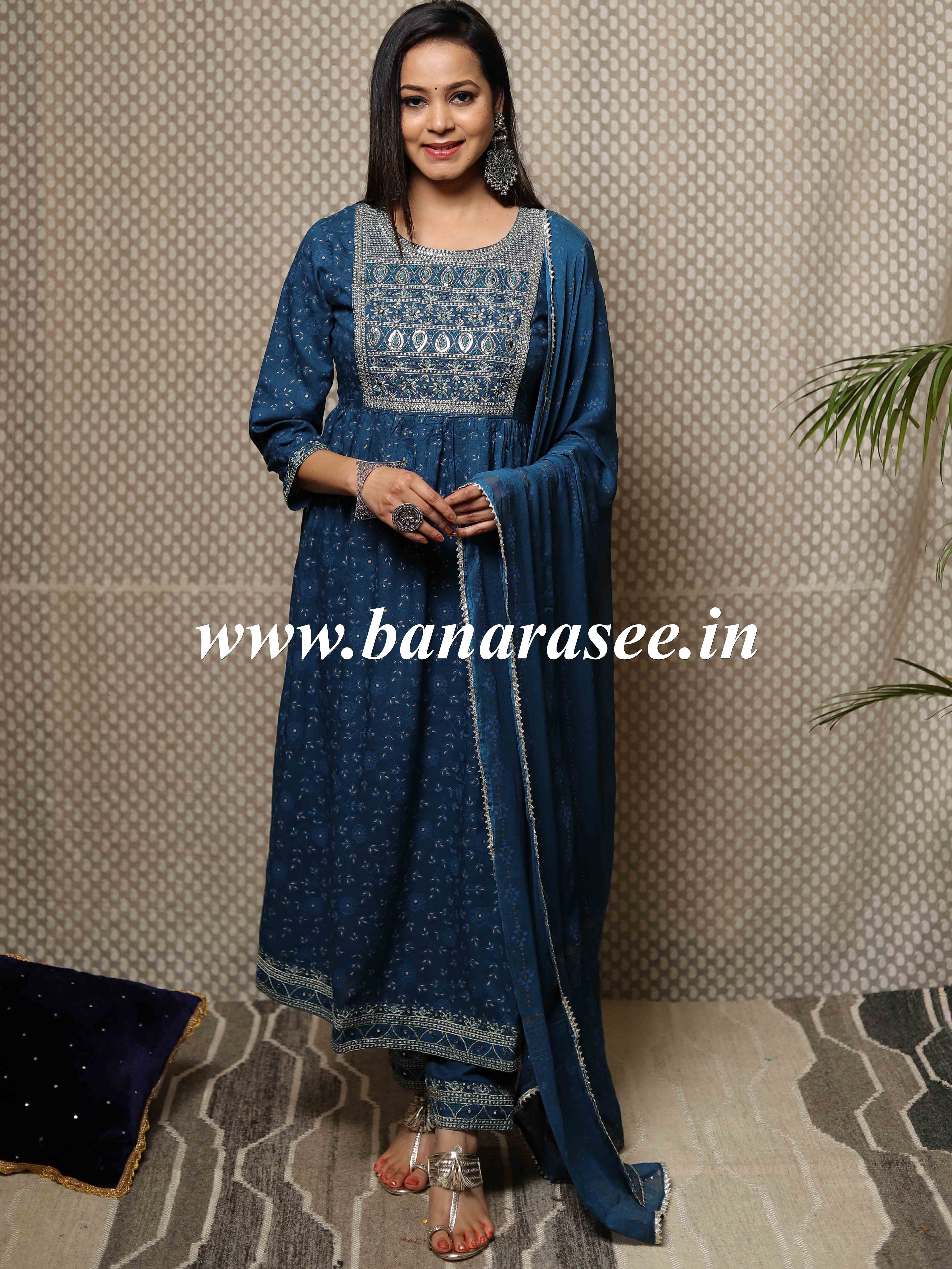 Banarasee Rayon Kurta Pants With Chiffon Dupatta Suit Set-Dark Teal Blue