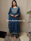 Banarasee Rayon Kurta Pants With Chiffon Dupatta Suit Set-Dark Teal Blue