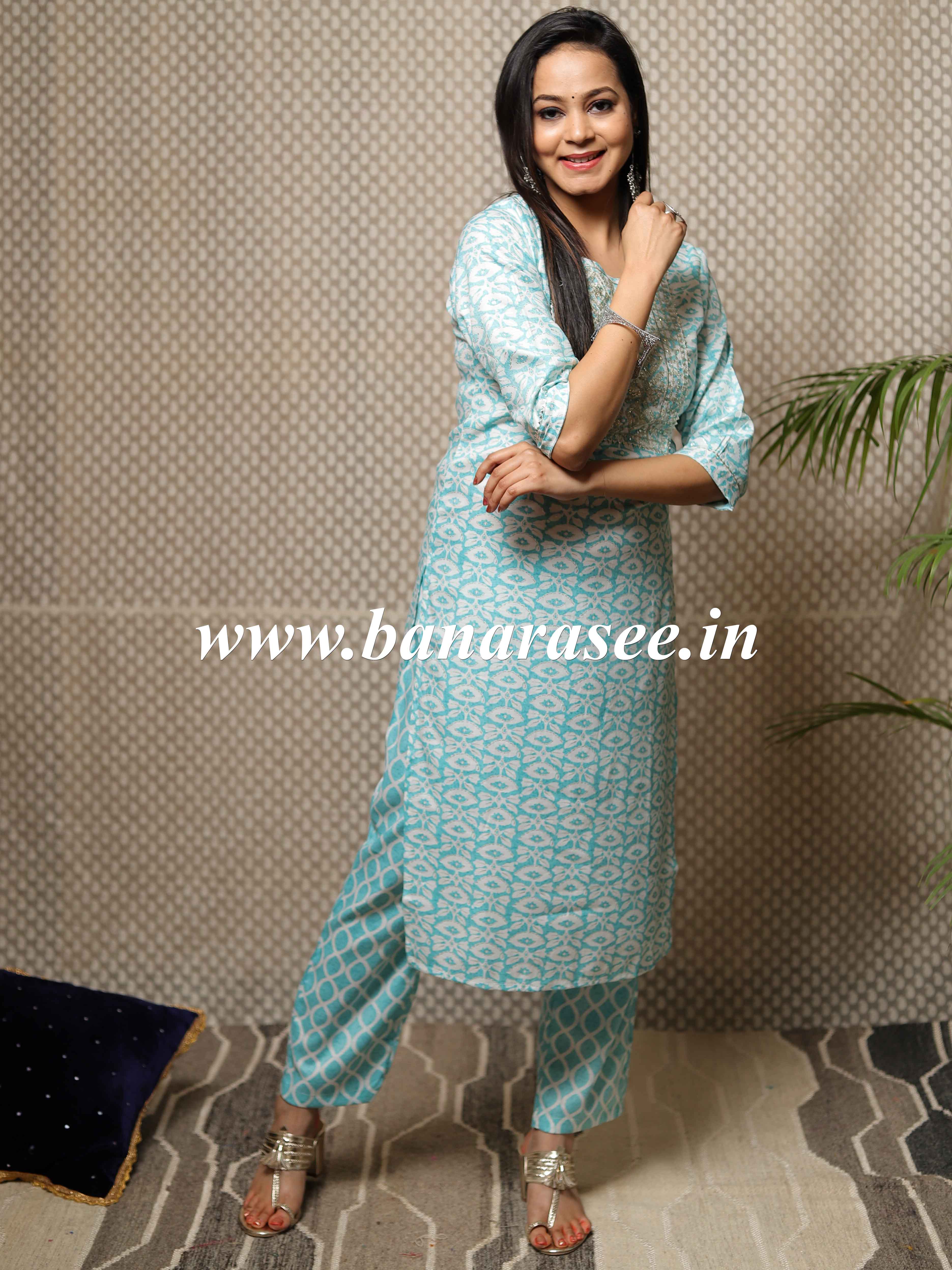 Banarasee Cotton Flex Printed Kurta With Pants-Blue