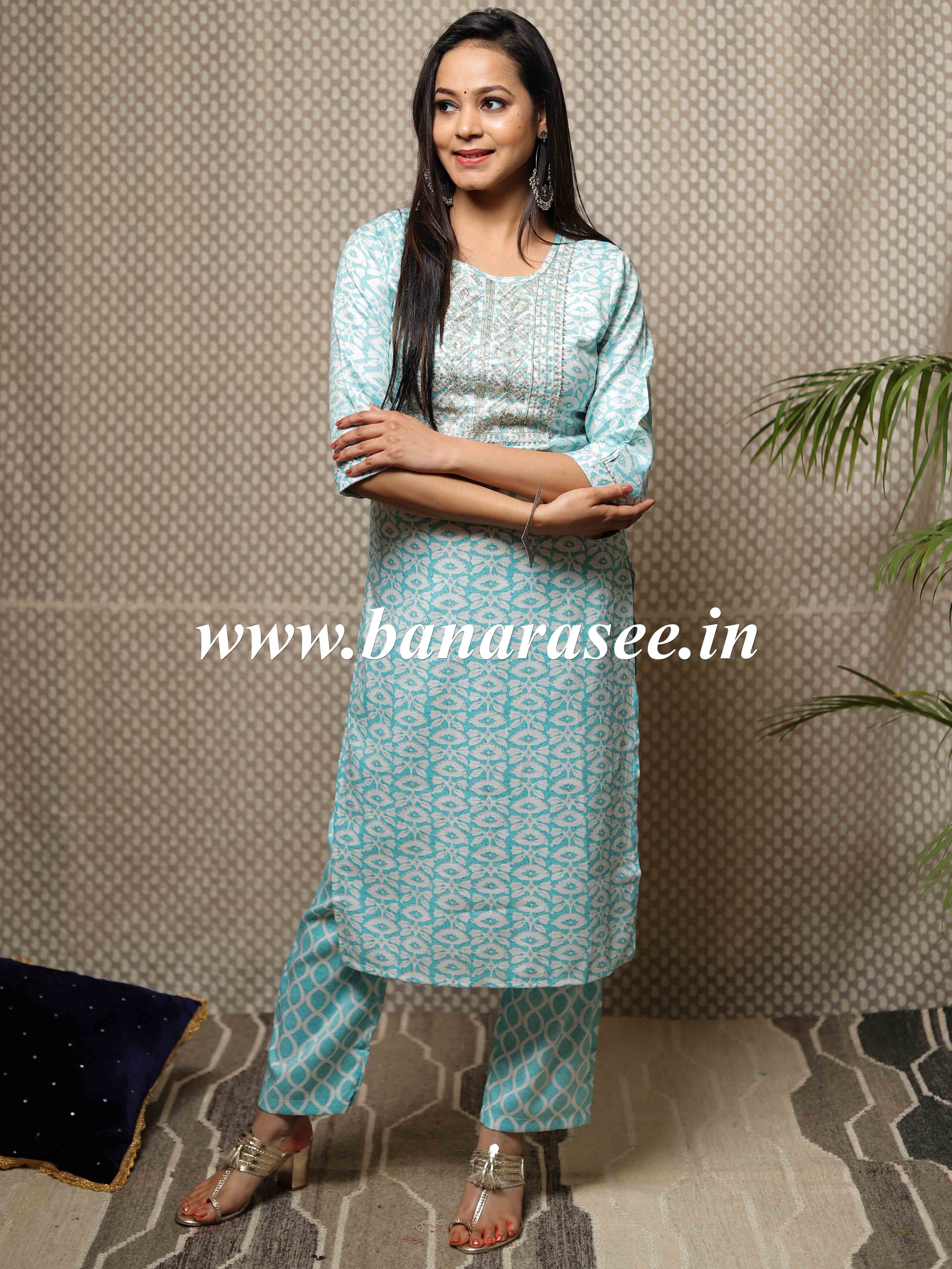 Banarasee Cotton Flex Printed Kurta With Pants-Blue