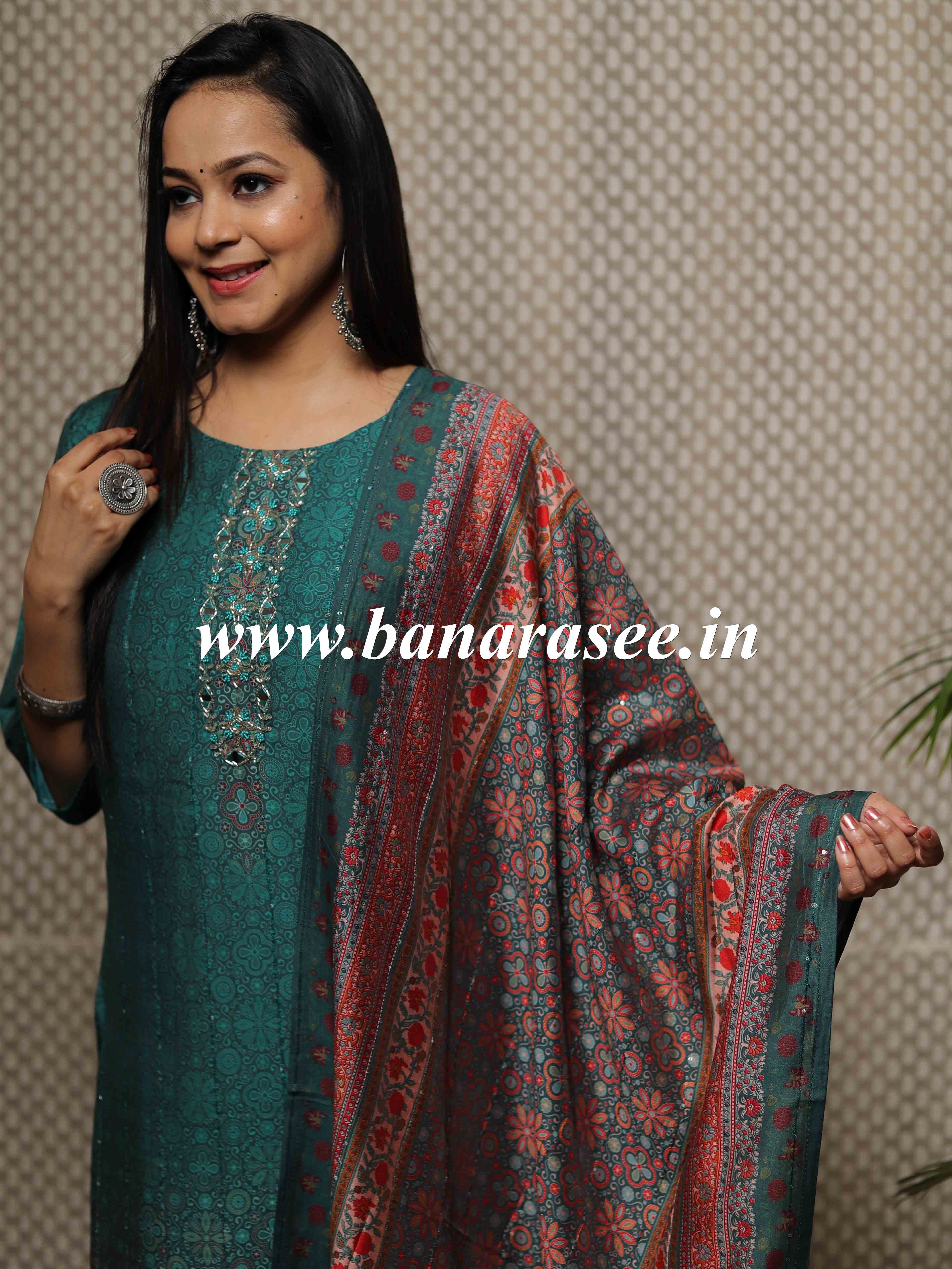 Banarasee Chanderi Kurta Pants With Dupatta Suit Set-Green