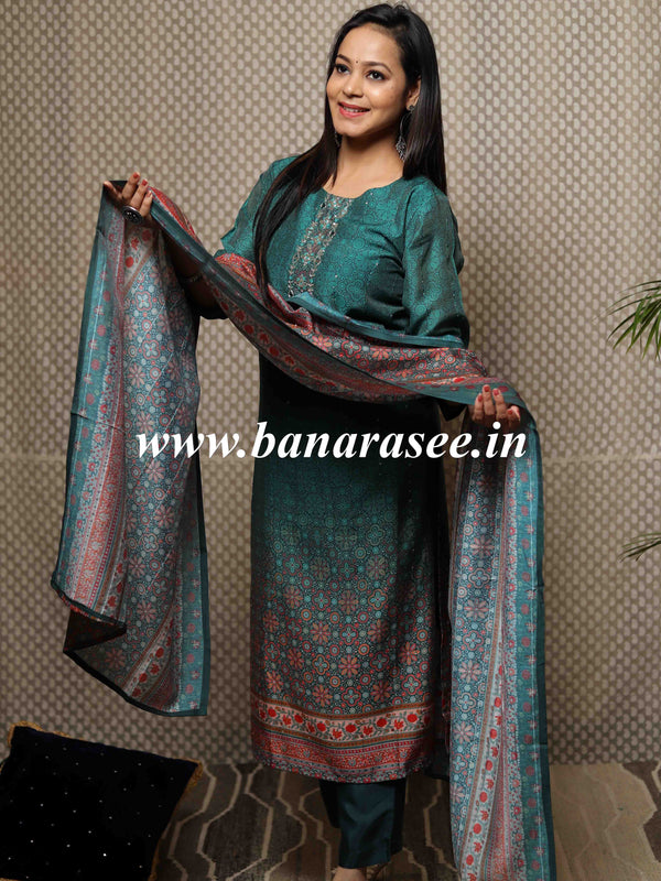 Banarasee Chanderi Kurta Pants With Dupatta Suit Set-Green