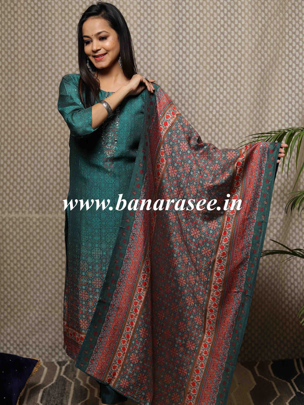 Banarasee Chanderi Kurta Pants With Dupatta Suit Set-Green