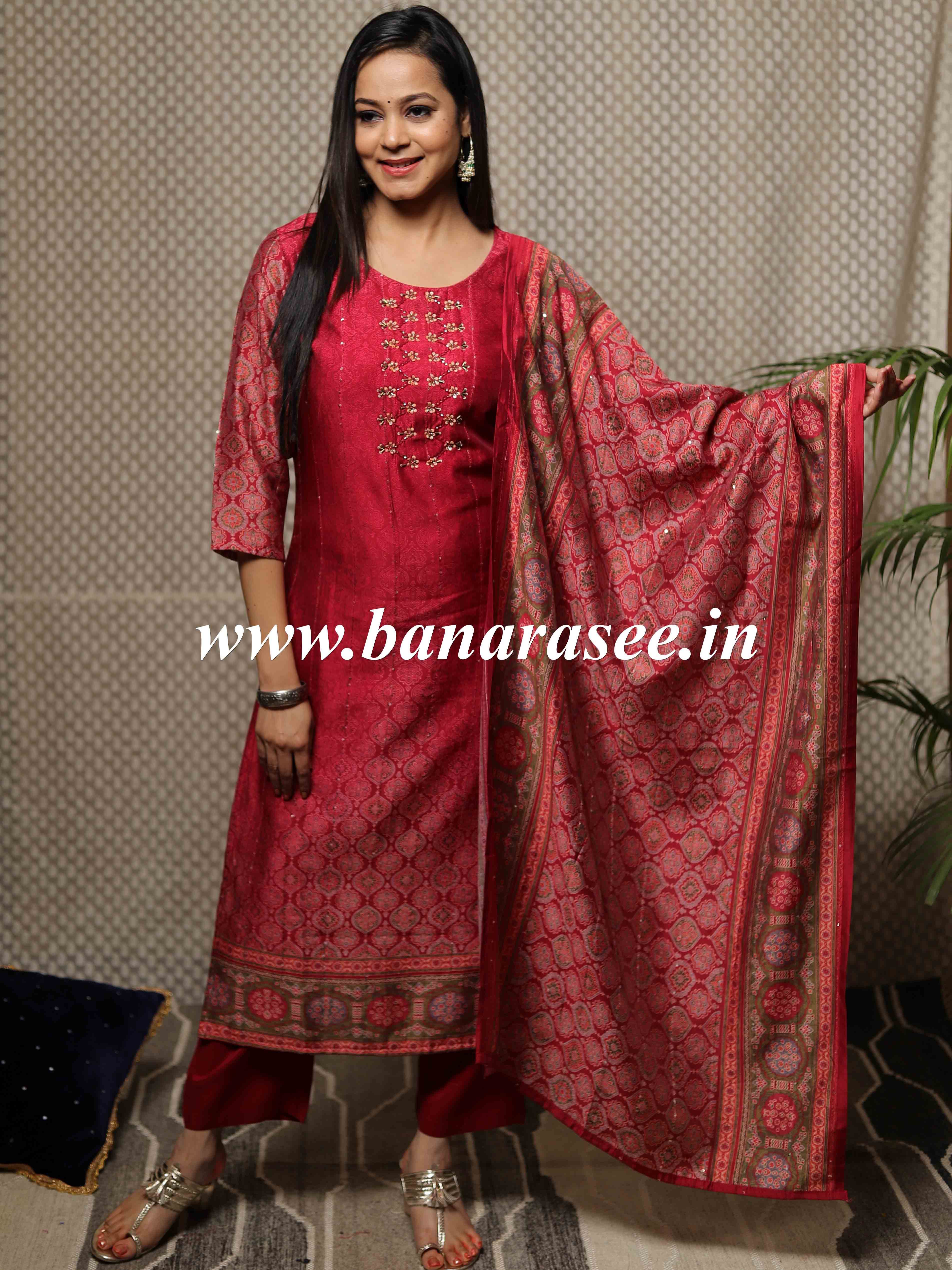 Banarasee Chanderi Kurta Pants With Dupatta Suit Set-Red