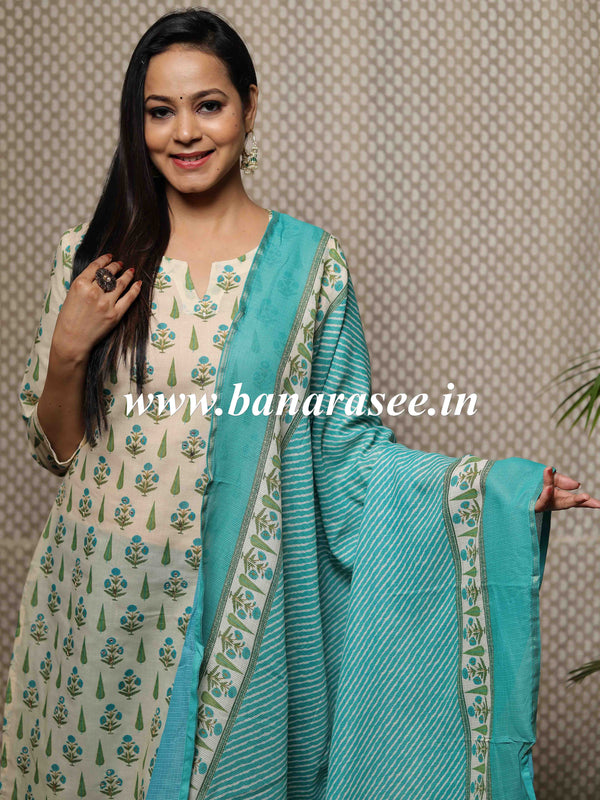 Banarasee Cotton Kurta Pants With Kota Doria Dupatta Suit Set-Off White & Green
