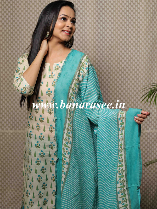 Banarasee Cotton Kurta Pants With Kota Doria Dupatta Suit Set-Off White & Green
