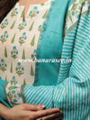 Banarasee Cotton Kurta Pants With Kota Doria Dupatta Suit Set-Off White & Green