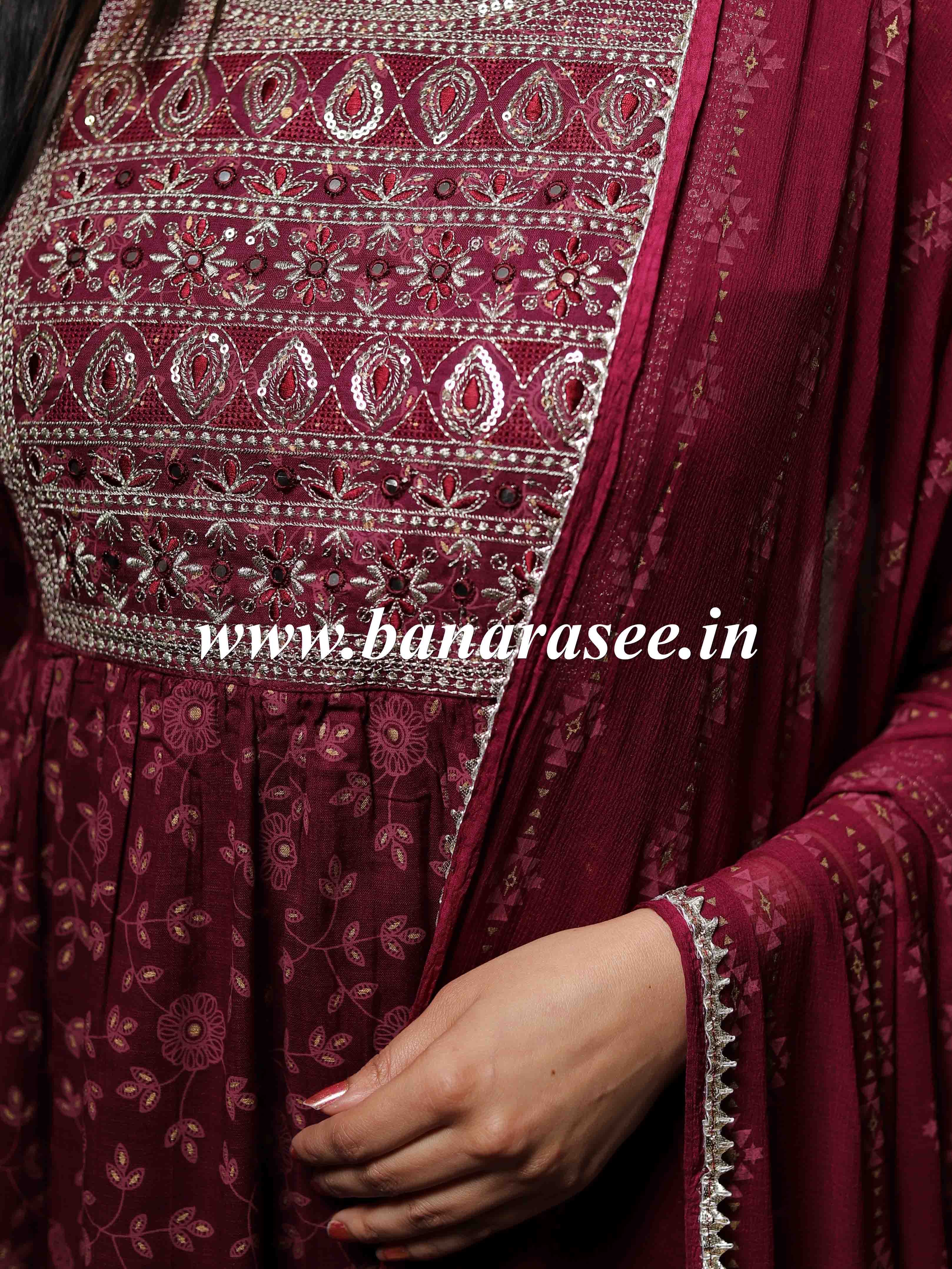Banarasee Rayon Kurta Pants With Chiffon Dupatta Suit Set-Magenta