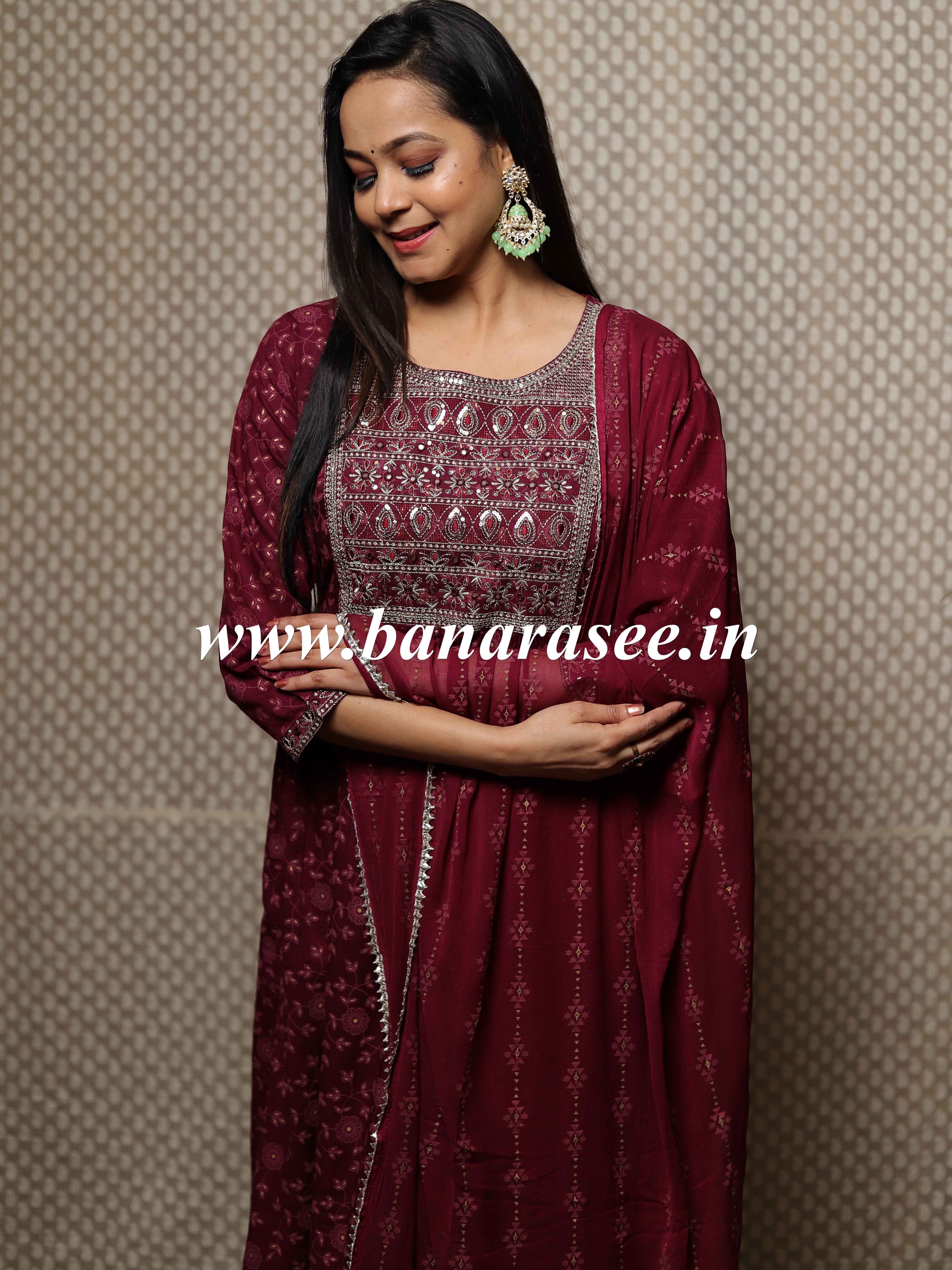 Banarasee Rayon Kurta Pants With Chiffon Dupatta Suit Set-Magenta