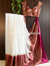 Banarasee Handwoven Semi Silk Saree With Contrast Zari Border-White & Maroon