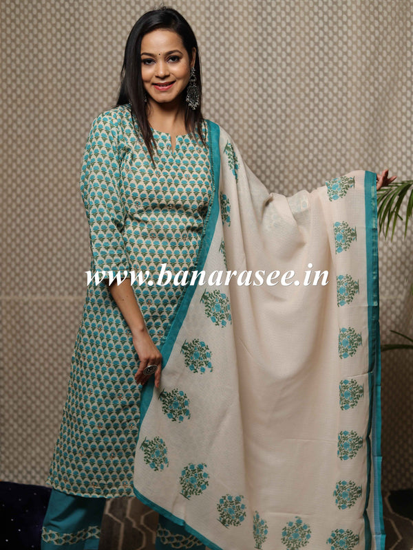Banarasee Cotton Kurta Pants With Kota Doria Dupatta Suit Set-White & Green
