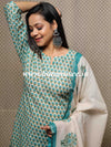 Banarasee Cotton Kurta Pants With Kota Doria Dupatta Suit Set-White & Green