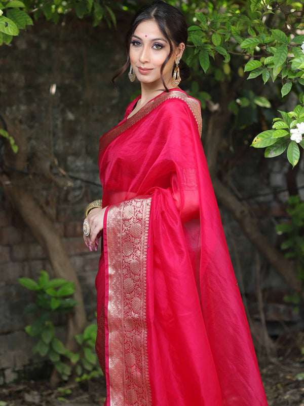 Banarasee Organza Mix Saree With Zari Border-Pink