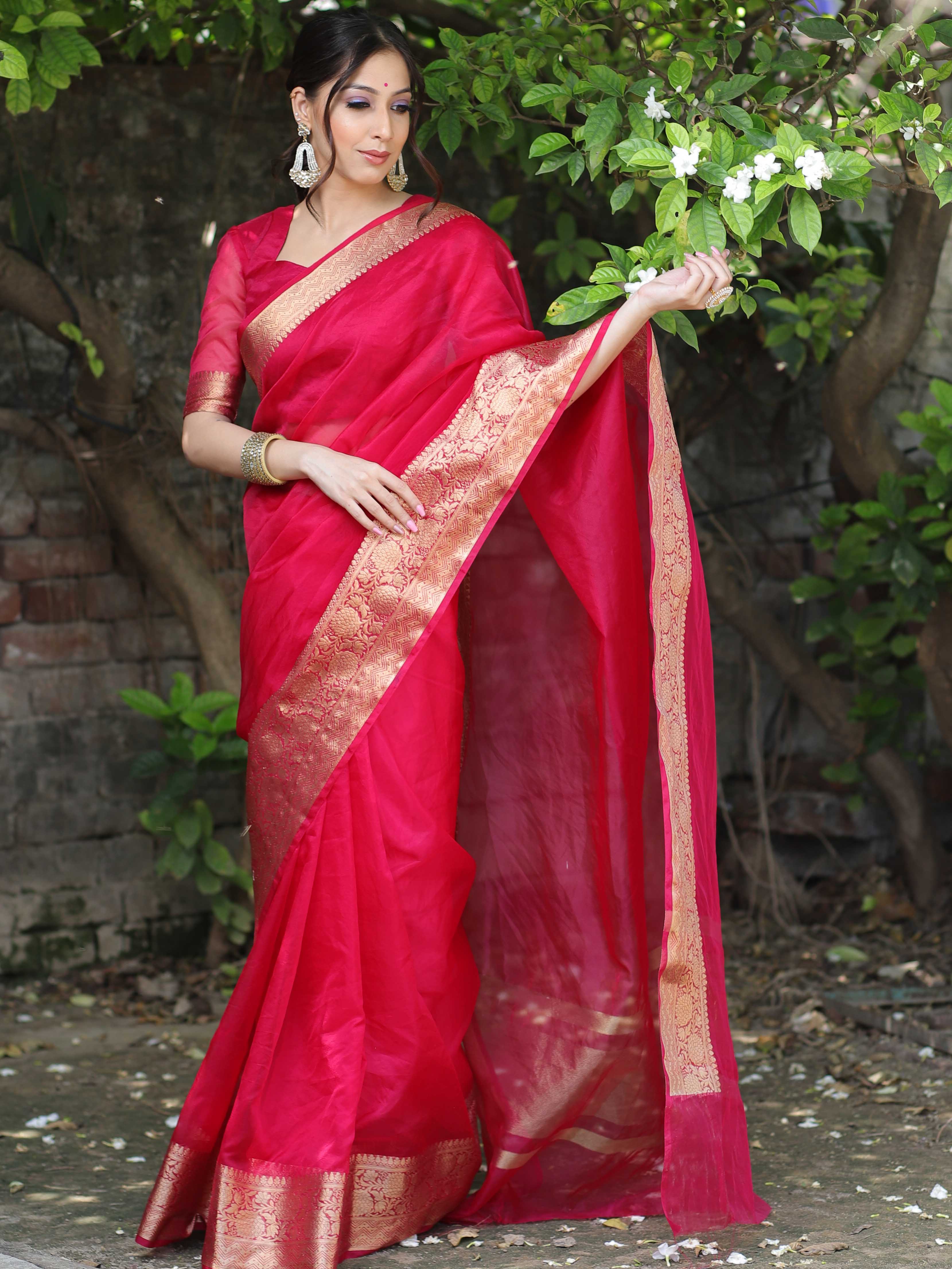 Banarasee Organza Mix Saree With Zari Border-Pink