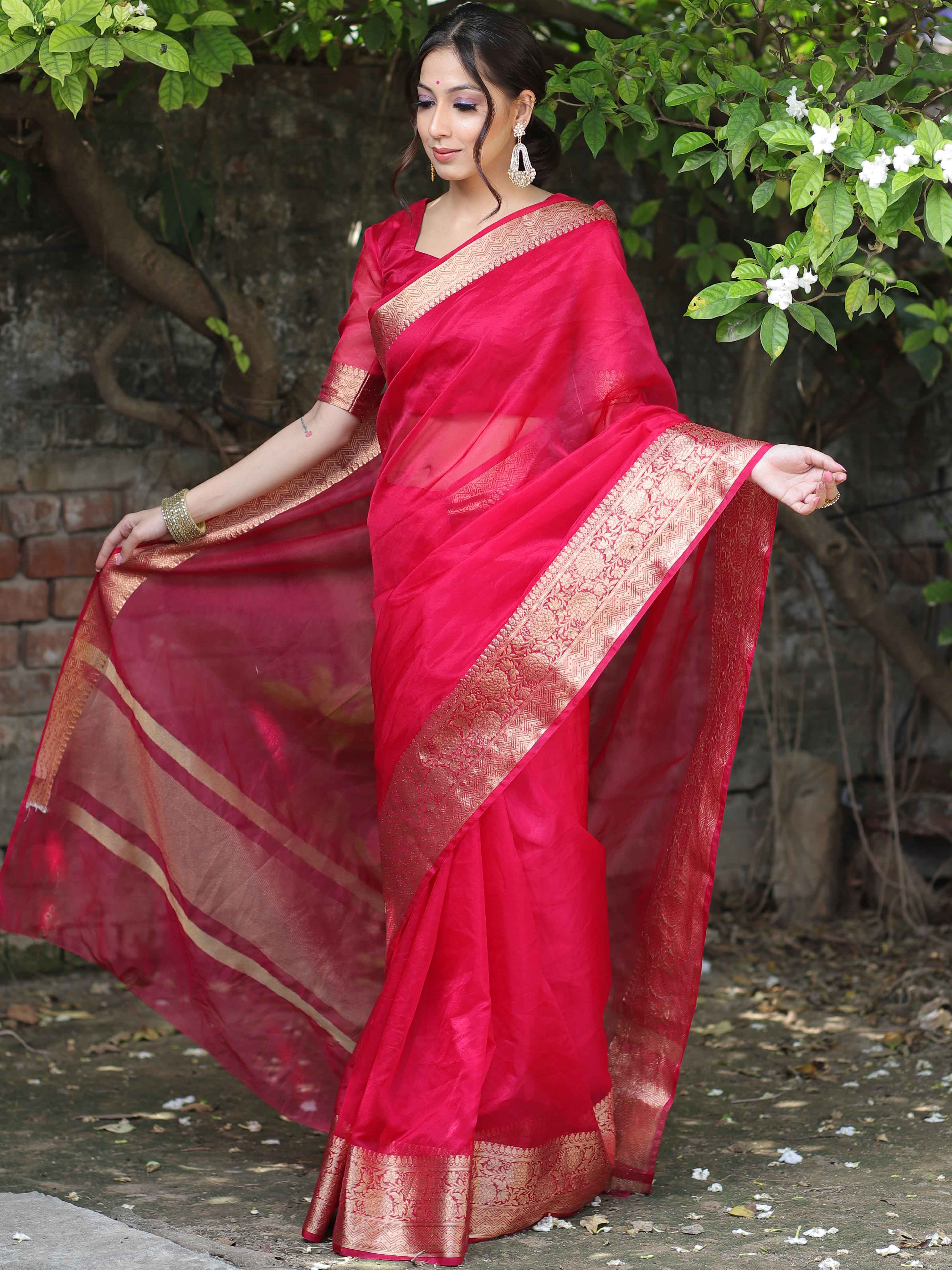 Banarasee Organza Mix Saree With Zari Border-Pink