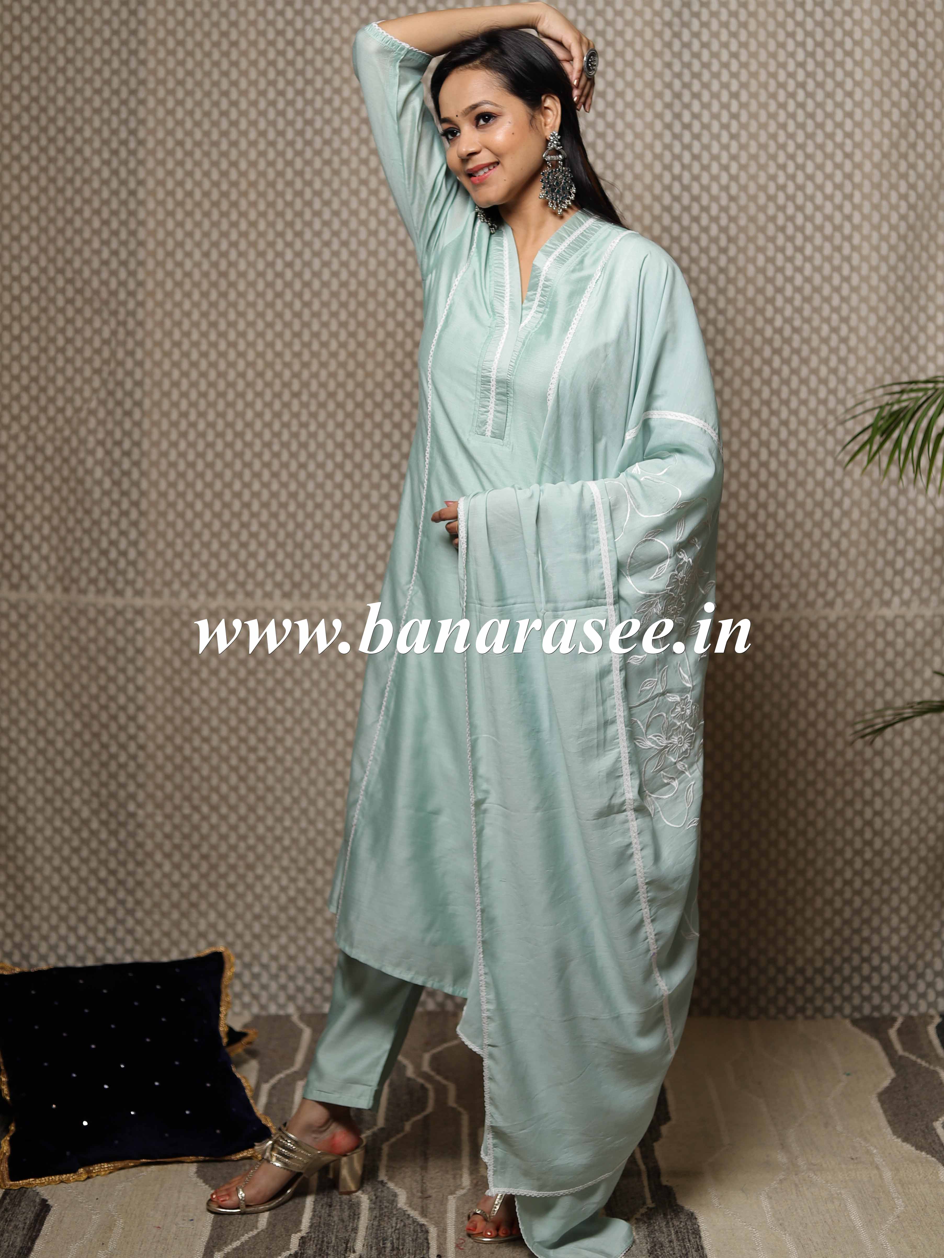 Banarasee Chanderi Kurta Pants With Dupatta Suit Set-Pastel Green