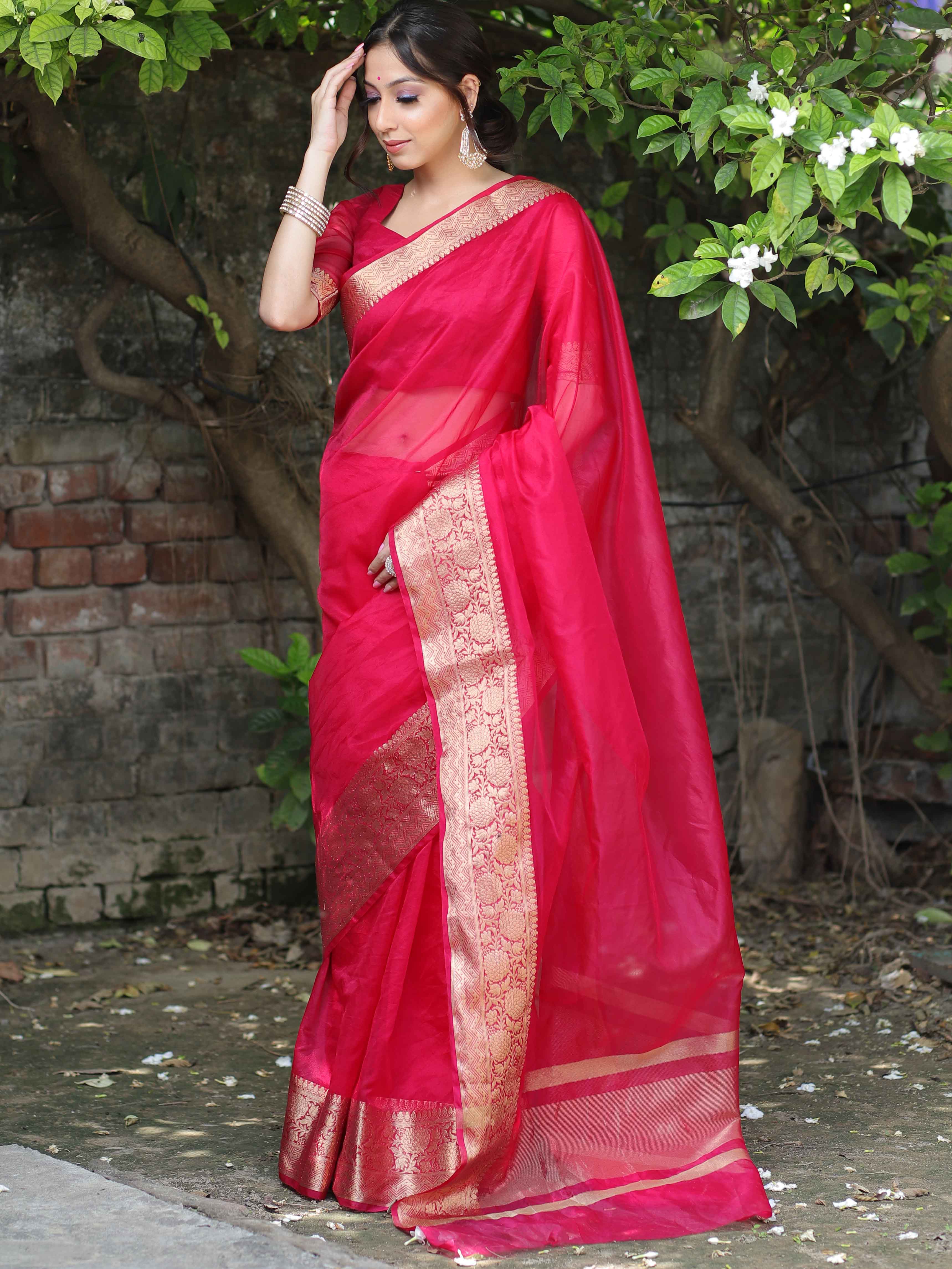 Banarasee Organza Mix Saree With Zari Border-Pink