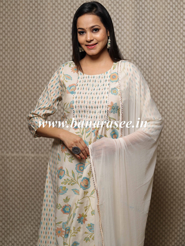 Banarasee Chanderi Kurta Pants With Chiffon Dupatta Suit Set-White