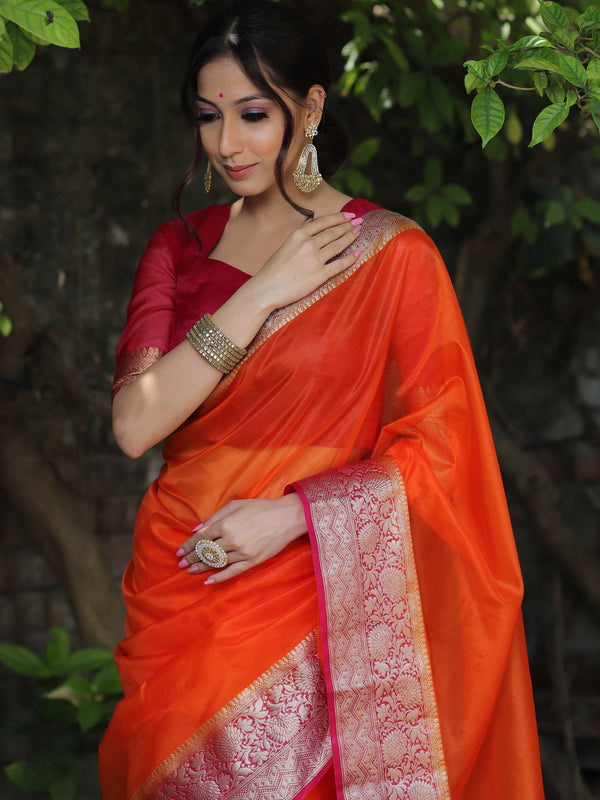 Banarasee Organza Mix Saree With Contrast Zari Border Design-Orange & Pink