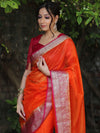 Banarasee Organza Mix Saree With Contrast Zari Border Design-Orange & Pink