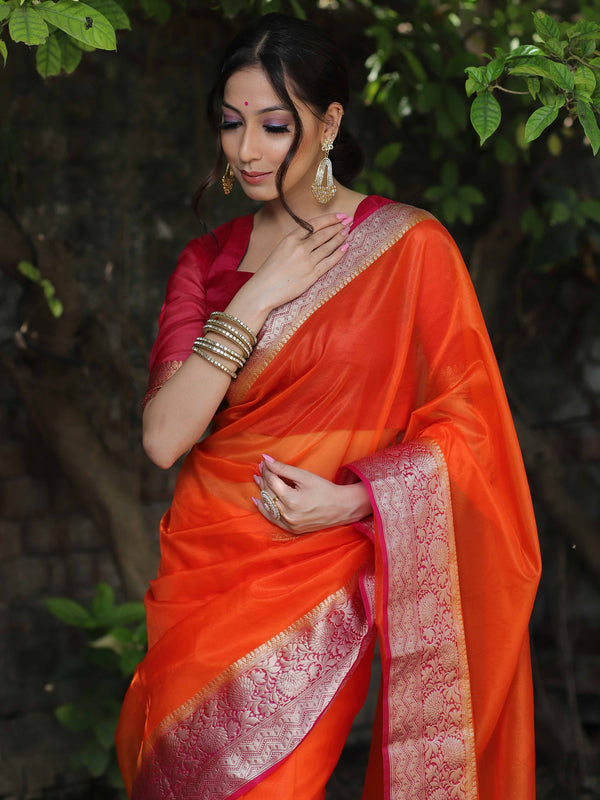 Banarasee Organza Mix Saree With Contrast Zari Border Design-Orange & Pink