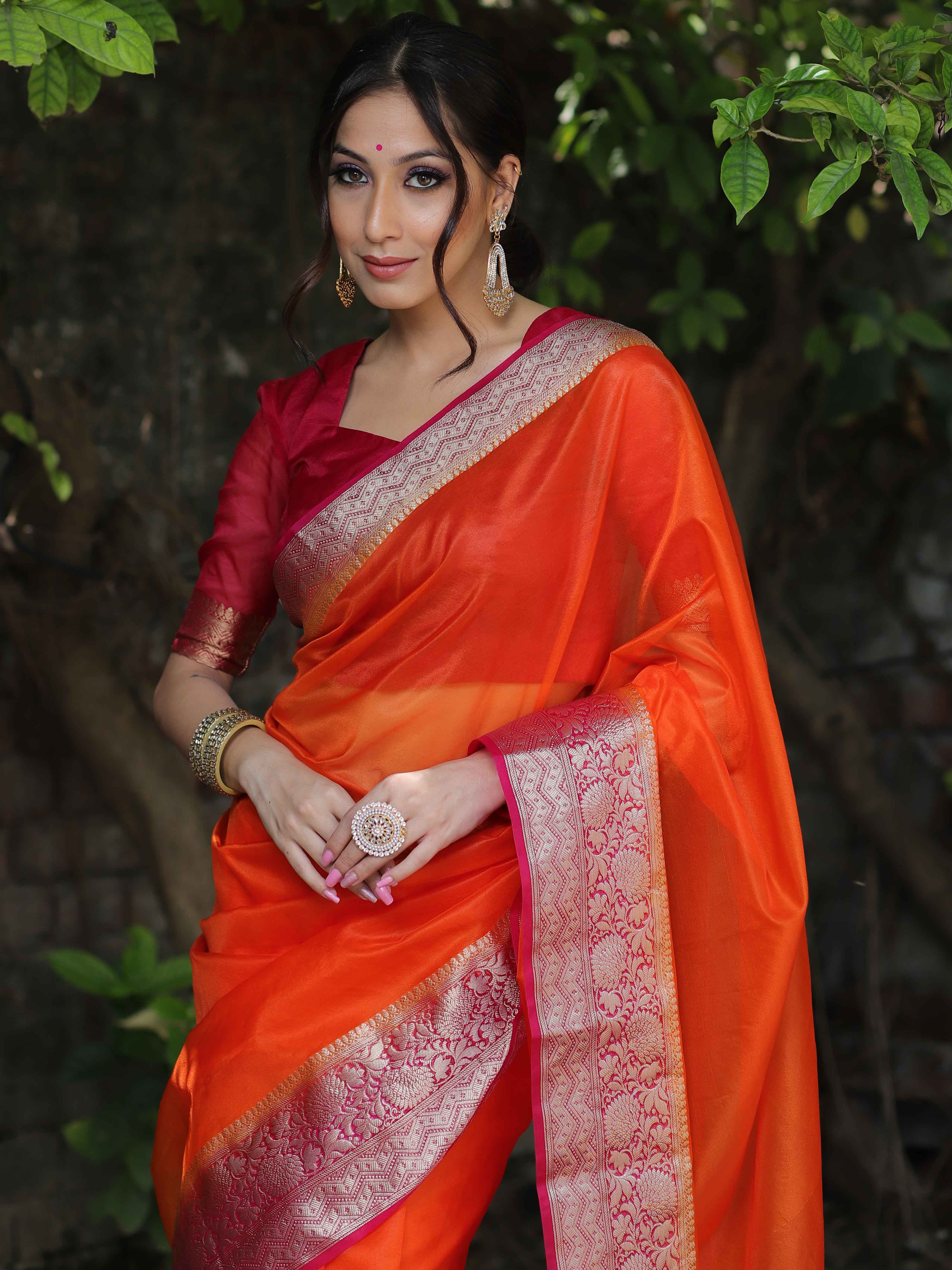 Banarasee Organza Mix Saree With Contrast Zari Border Design-Orange & Pink