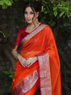 Banarasee Organza Mix Saree With Contrast Zari Border Design-Orange & Pink