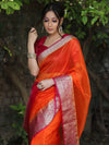 Banarasee Organza Mix Saree With Contrast Zari Border Design-Orange & Pink