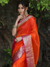 Banarasee Organza Mix Saree With Contrast Zari Border Design-Orange & Pink