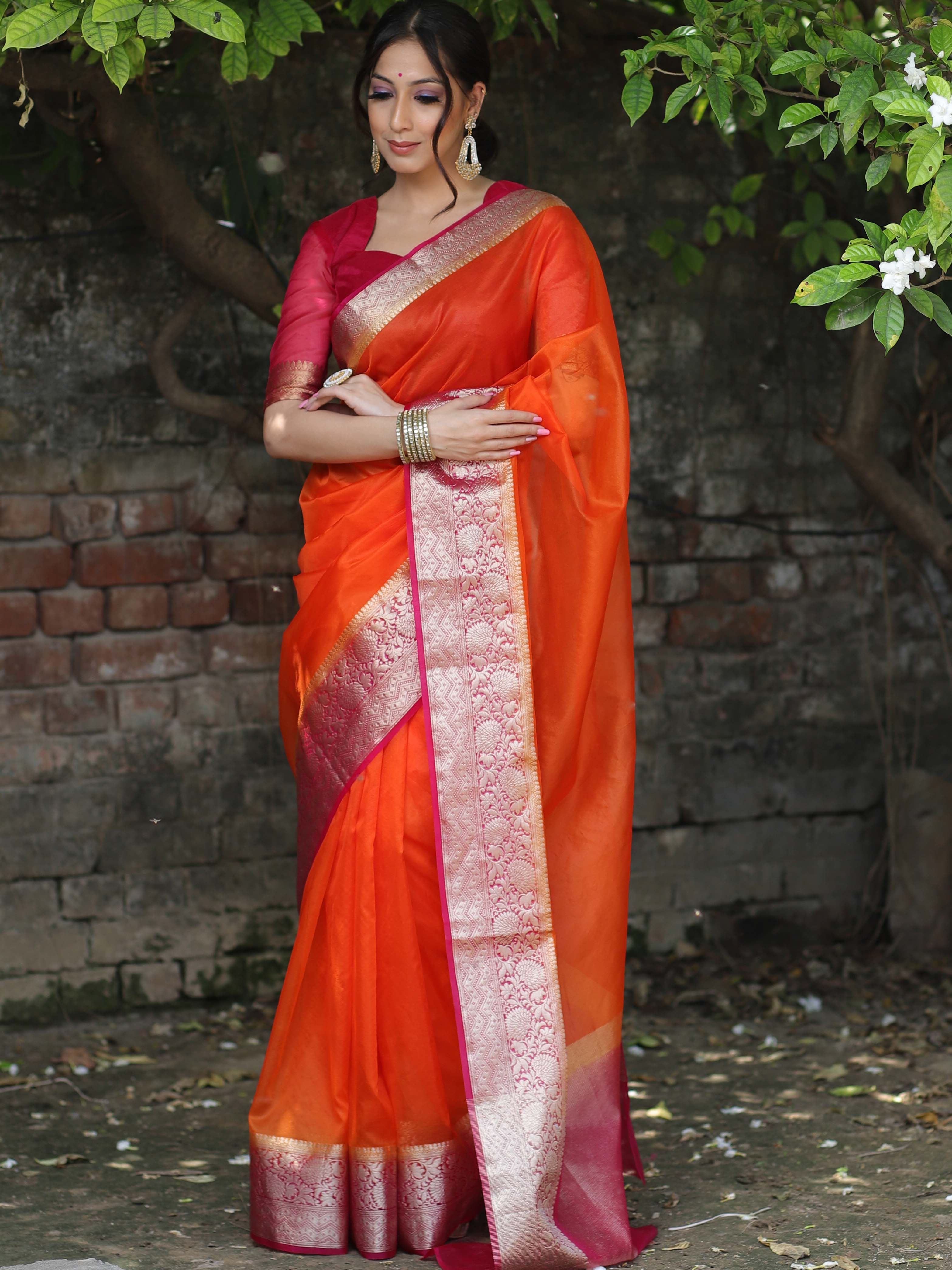 Banarasee Organza Mix Saree With Contrast Zari Border Design-Orange & Pink