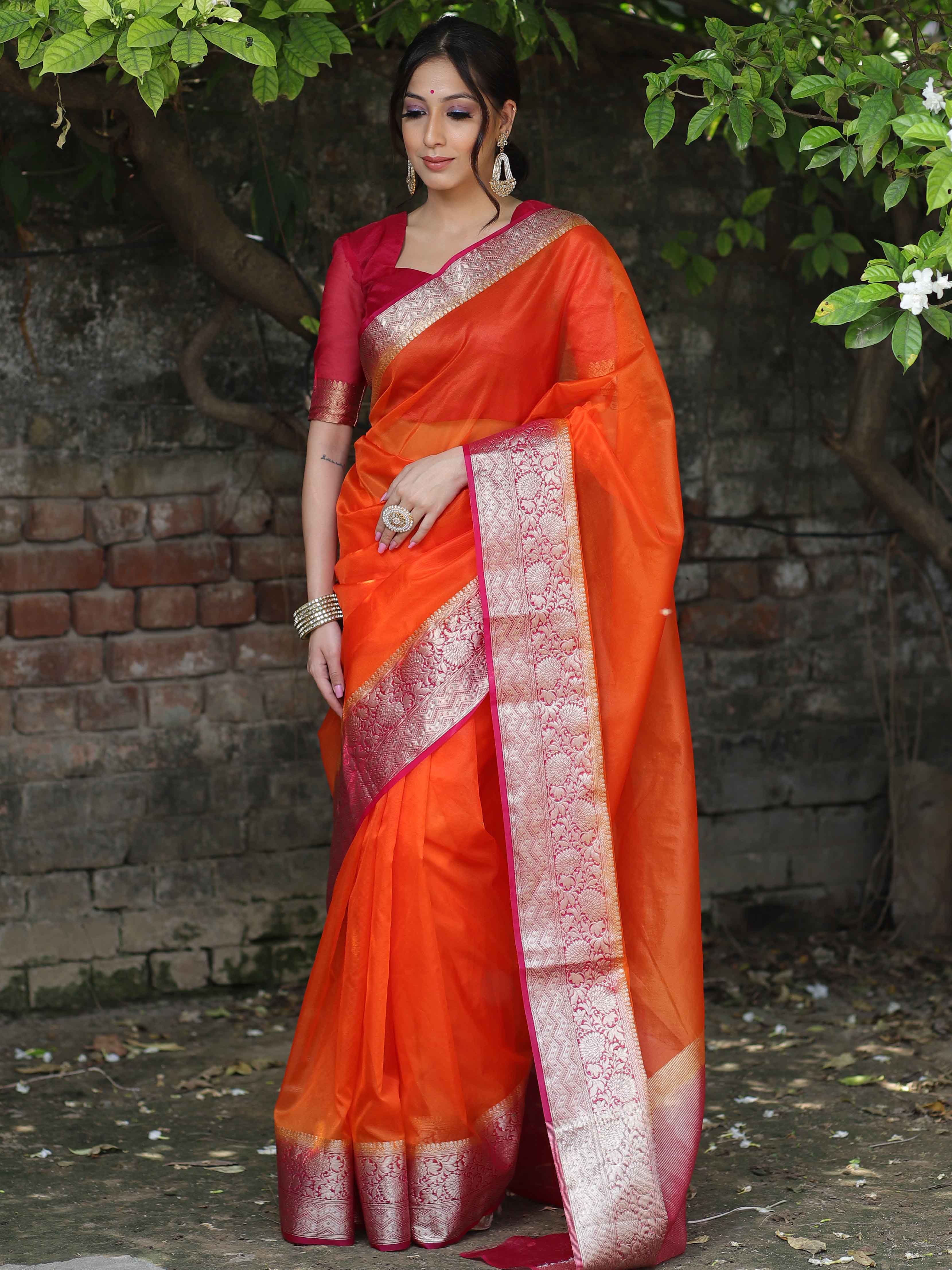 Banarasee Organza Mix Saree With Contrast Zari Border Design-Orange & Pink