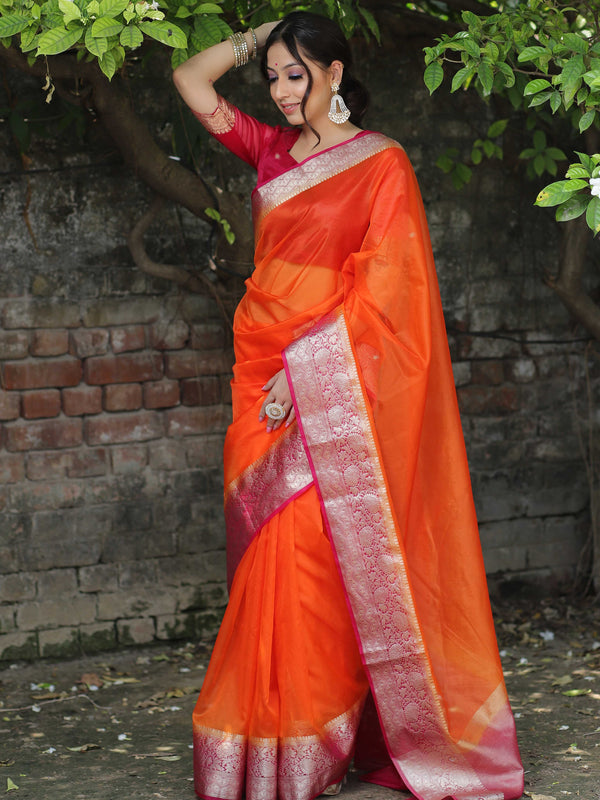 Banarasee Organza Mix Saree With Contrast Zari Border Design-Orange & Pink