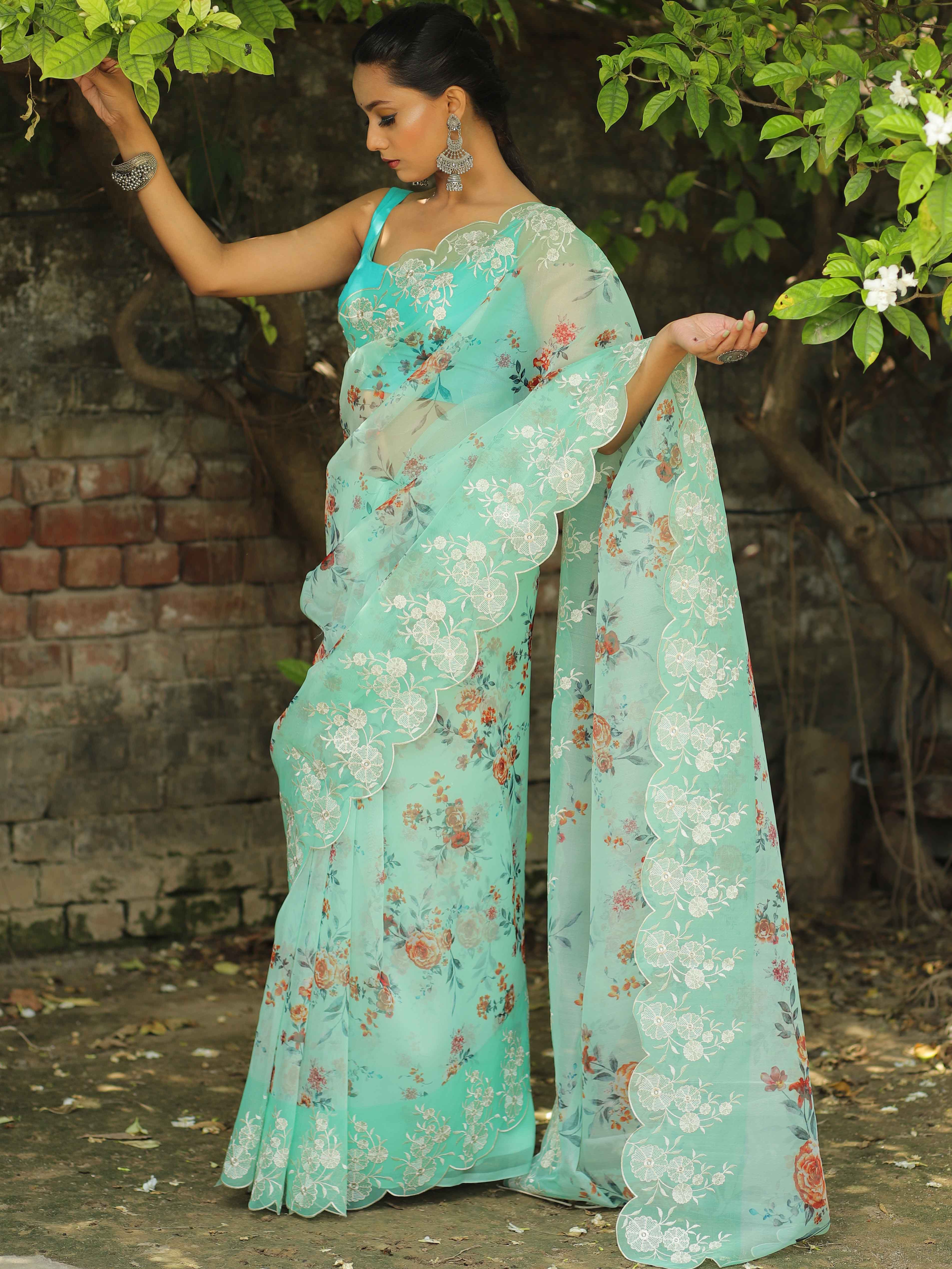 Banarasee Organza Silk Embroidered Saree With Digital Floral Print-Green