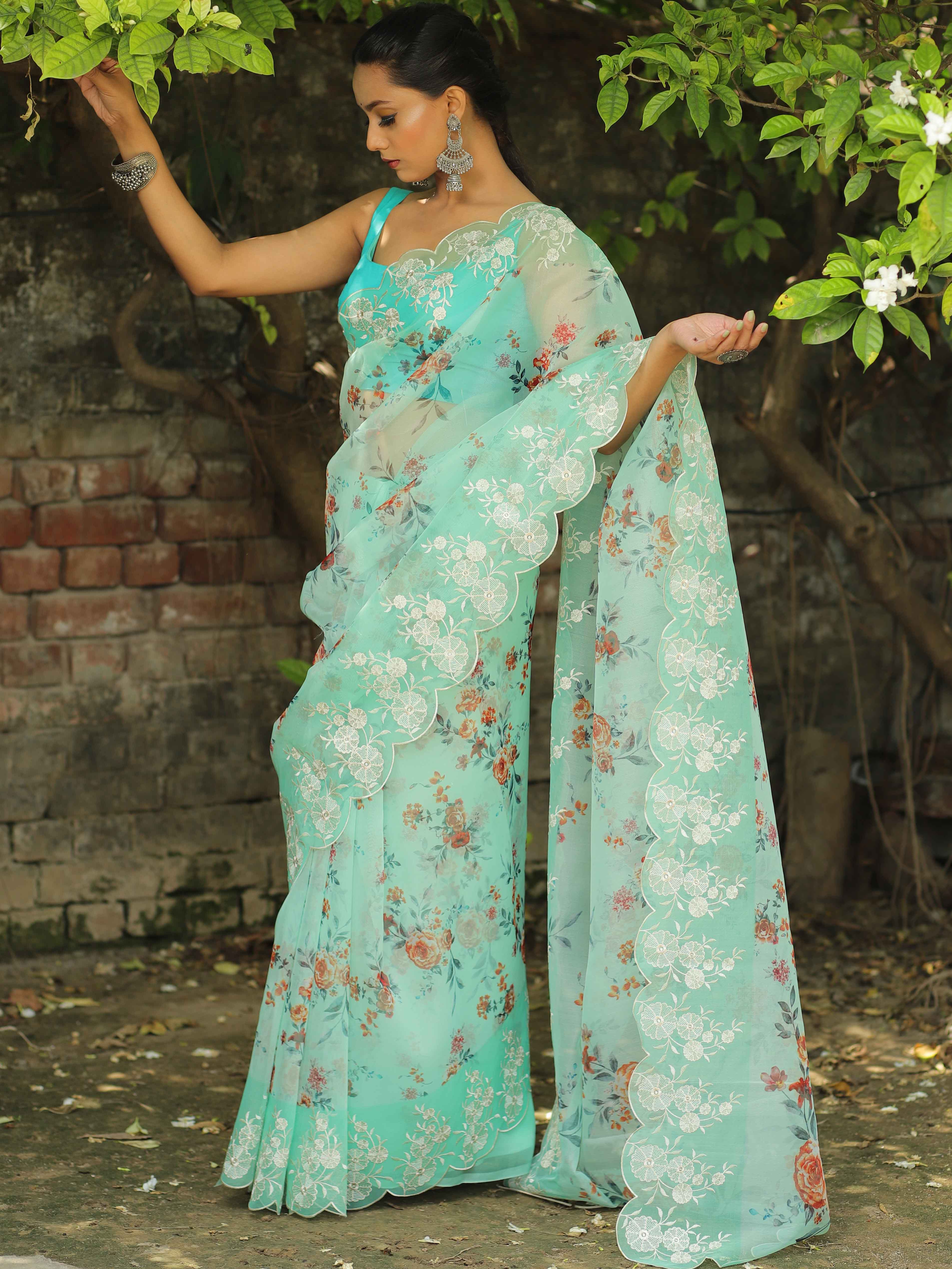 Banarasee Organza Silk Embroidered Saree With Digital Floral Print-Green