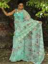 Banarasee Organza Silk Embroidered Saree With Digital Floral Print-Green